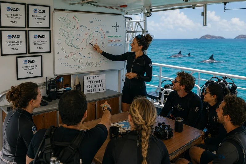 A liveaboard cruise director briefing divers at a whiteboard dive-site map marked with currents and drift, dolphins passing behind the boat