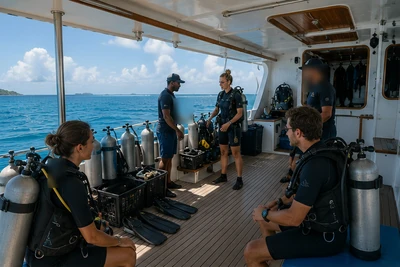 Divers on the dive deck of a liveaboard before a dive