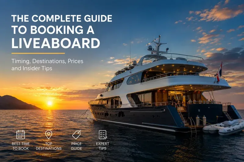 Liveaboard dive boat at sea with a calendar showing seasonal trip planning