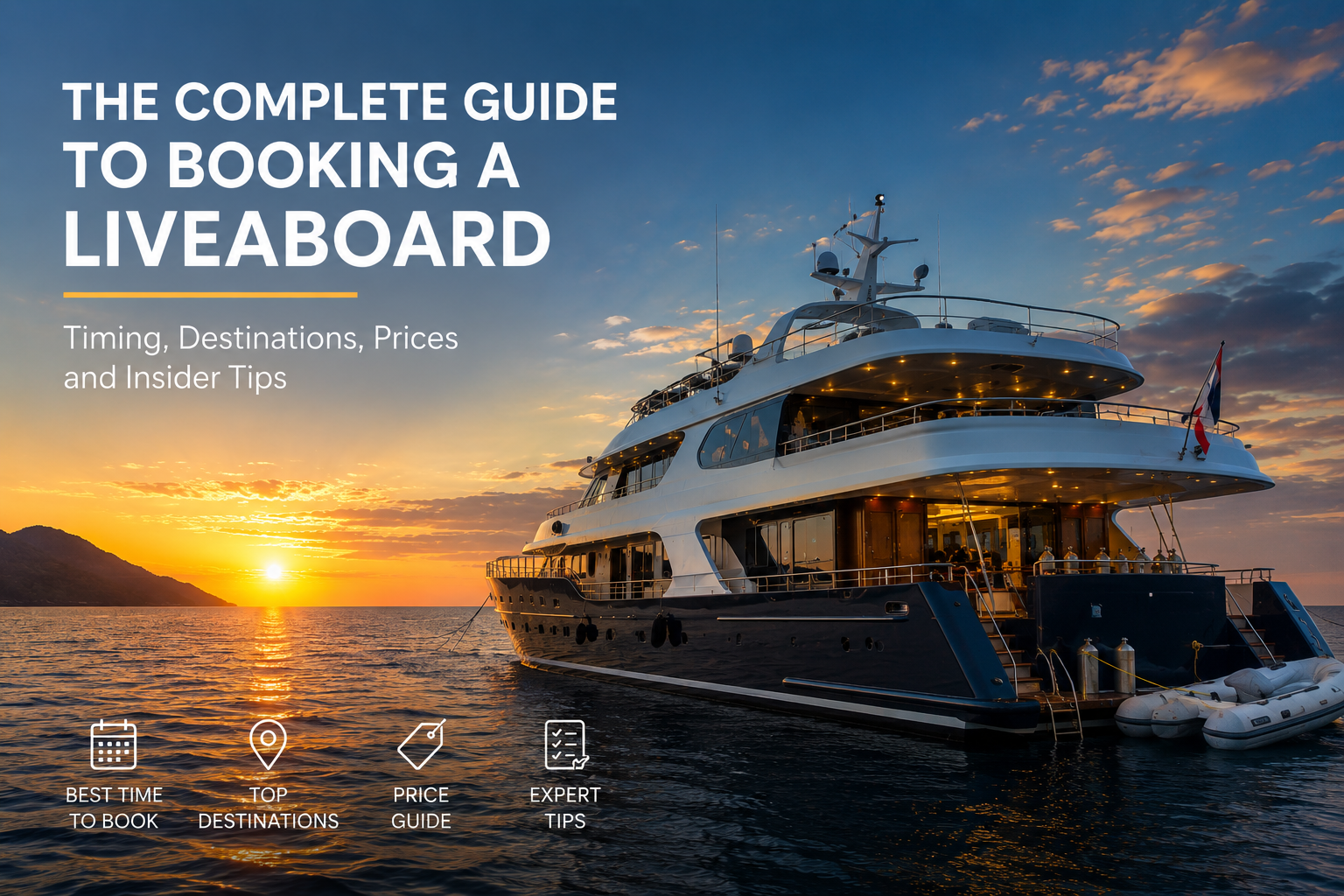 Liveaboard dive boat at sea with a calendar showing seasonal trip planning
