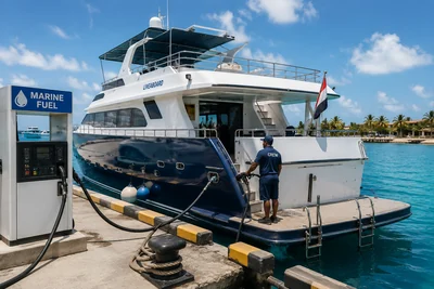 A liveaboard dive boat being refuelled at a marine fuel dock