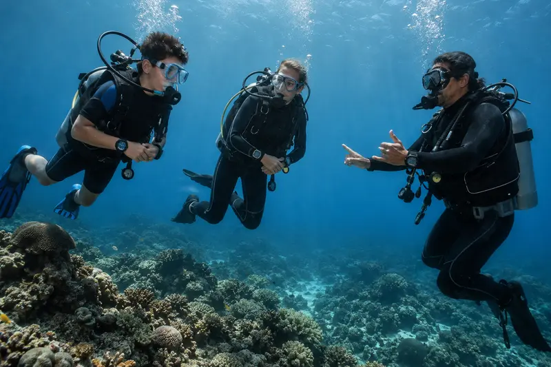 A junior diver underwater with an adult guardian and dive guide on a shallow reef
