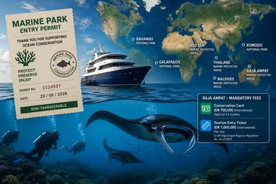 A marine park entry permit and a world map of dive destinations with marine park fees