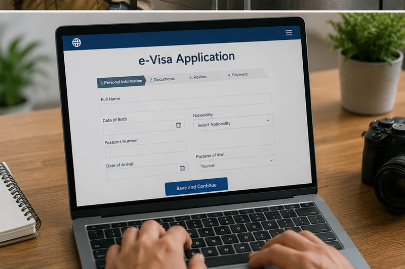 Traveller applying for an online visa on a laptop before a scuba diving trip