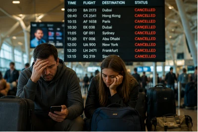 Couple with scuba luggage at an airport under cancelled flight departures