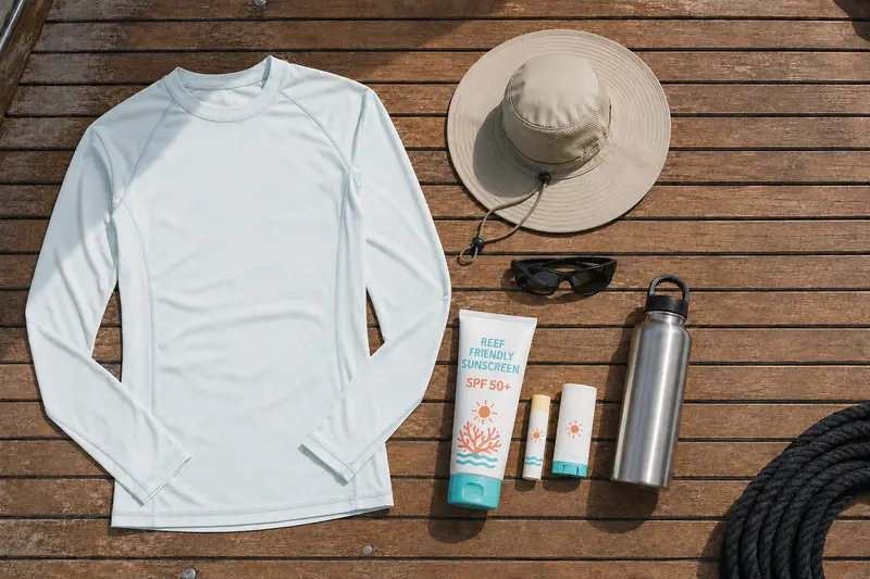 UPF clothing hat sunglasses and sunscreen packed for a liveaboard dive trip