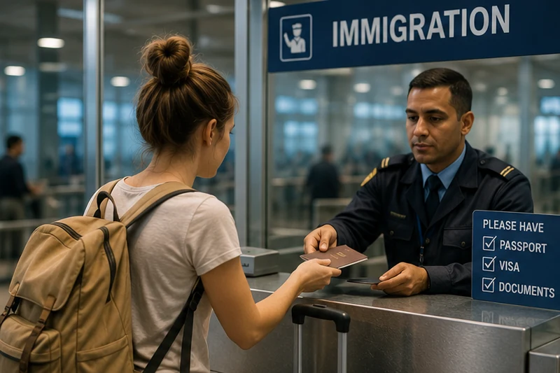 Traveller with suitcase presenting a passport at airport immigration before a liveaboard trip