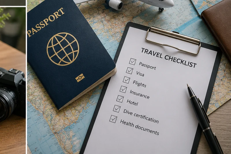 Passport, travel checklist and dive certification documents prepared before a liveaboard trip