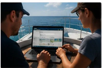 Divers searching for a liveaboard trip on a laptop on deck