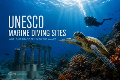 UNESCO marine diving sites with a sea turtle, diver and coral reef