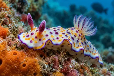 Macro view of a colorful nudibranch on a sponge-covered reef